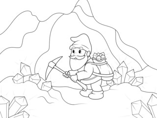 A little gnome, a miner, extracts diamonds in a mine. Vector, page for printable children coloring book.