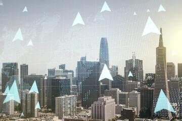 Double exposure of abstract virtual world map with pins hologram on San Francisco city skyscrapers...