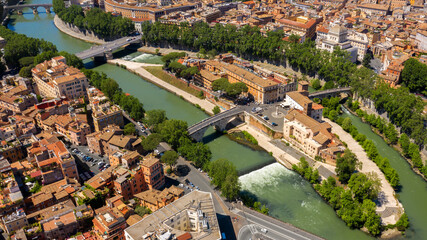 Aerial view of Tiber Island, the only river island in the part of the Tiber which runs through...