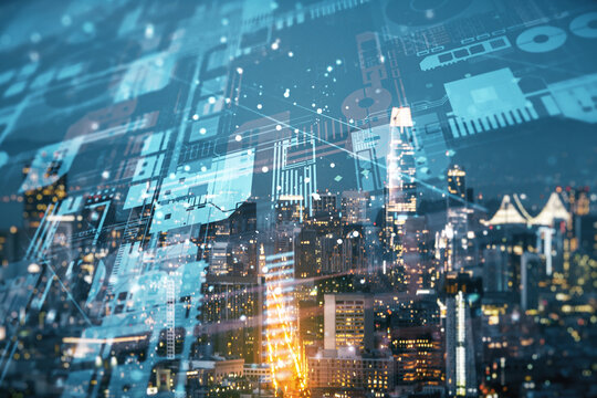 Abstract virtual coding illustration on San Francisco cityscape background, software development concept. Multiexposure
