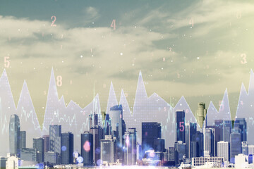 Multi exposure of abstract statistics data hologram interface on Los Angeles office buildings background, computing and analytics concept