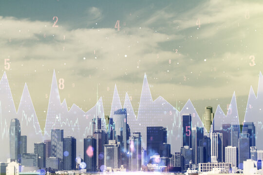 Multi exposure of abstract statistics data hologram interface on Los Angeles office buildings background, computing and analytics concept