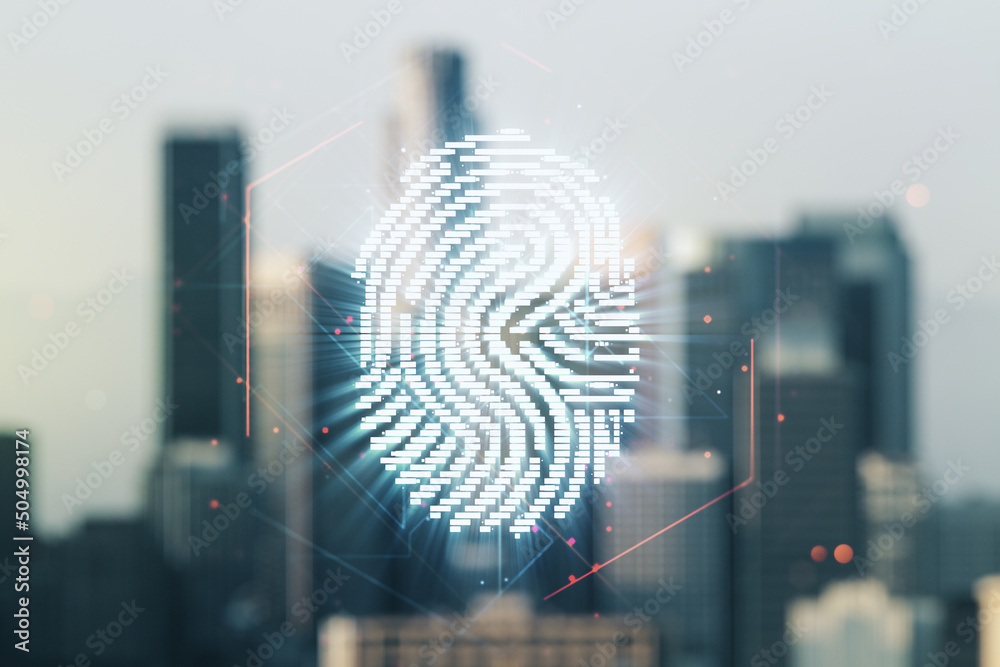 Aufkleber Multi exposure of virtual fingerprint scan interface on blurry office buildings background, digital access concept