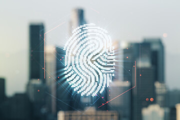 Multi exposure of virtual fingerprint scan interface on blurry office buildings background, digital access concept