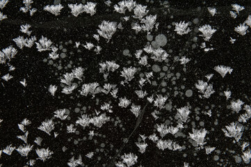 Texture of frozen ice surface with snow. Winter background