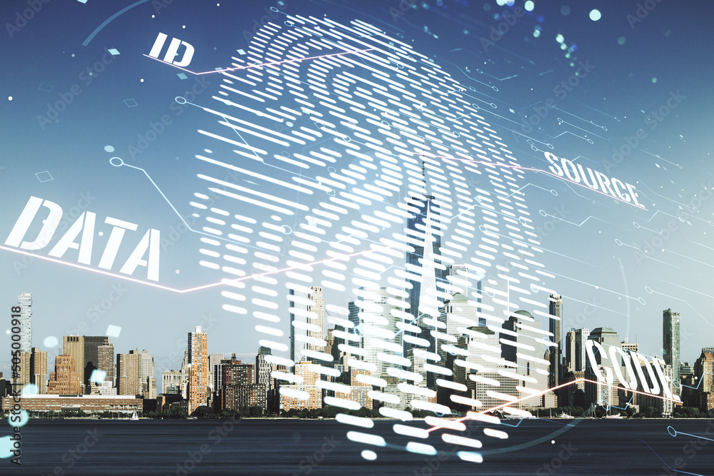 Aufkleber Multi exposure of virtual fingerprint scan interface on Manhattan office buildings background, digital access concept