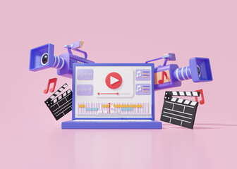 Laptop mockup movie camera video editing and cuts footage Sound Music via computer Cartoon cute smooth on pink background, motion, vlog, movie clapper board, 3d render illustration - obrazy, fototapety, plakaty