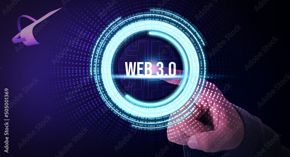 Poster man touching the web3 glowing button on screen with 3d rendered virtual reality headset in the backd