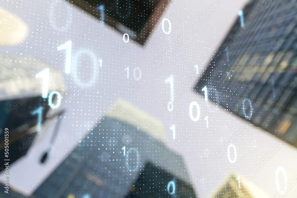 Poster abstract virtual binary code hologram on modern architecture background, ai and machine learning con