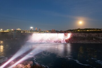 American side of Niagara Falls with full, red blood moon