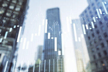 Double exposure of abstract financial graph on office buildings background, financial and trading concept