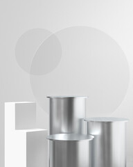 Empty podium 3D Product background stand or silver podium pedestal with glass circle on advertising display with blank grey background.