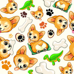 Korgi Pet Puppy Dog Happy and Cute Cartoon Character, bones, Dinoraur Toy, and Paw Prints Vector Seamless Repeat Textile Pattern