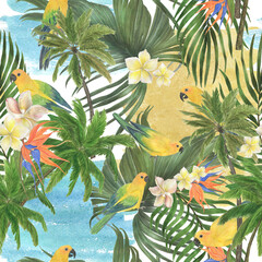 Watercolor painting seamless pattern summer tropical motifs: parrot beach, palm tree - 505004108
