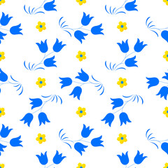 Seamless pattern with blue and yellow flowers. Ornamental folk art. Perfect for wrapping paper, textile, interior or web design.