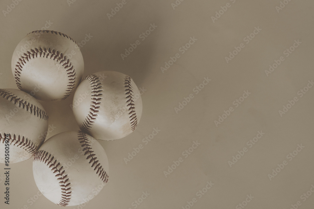 Poster Vintage style baseball background with balls closeup for sport by copy space. - Posters