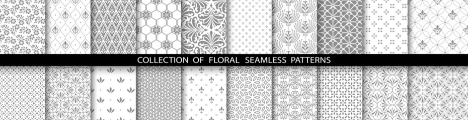 Geometric floral set of seamless patterns. White and gray vector backgrounds. Simple illustrations - obrazy, fototapety, plakaty