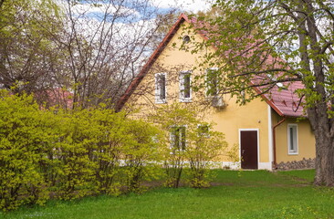 Small two-storey house in the spring forest