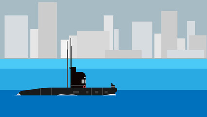 Naklejka premium Submarine sailing on the background of the city.