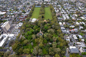 Aerial drone view of Forsythe Park in Savannah, Georgia, one of the city's most popular parks and...