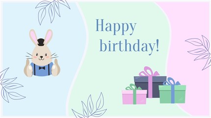 Birthday card with bunny and gifts. Bright flyer. Vector flat illustration. Banner concept idea. Birthday card with an inscription. Poster, banner, holiday party invitation.