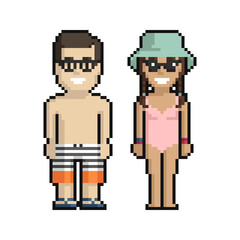 Pixel art set of cute boy and girl on the beach in summer on a white background. - 505009715
