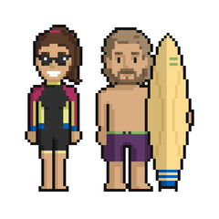 Pixel art set of cute surfers on the beach in summer on a white background. - 505009740