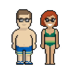 Pixel art set of cute boy and girl on the beach in summer on a white background. - 505009749