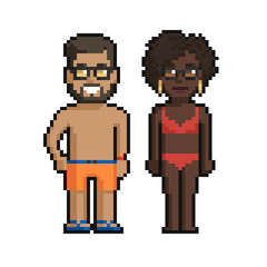 Pixel art set of cute boy and girl on the beach in summer on a white background. - 505009763