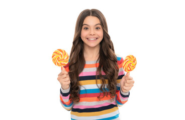 yummy. happy girl hold lollipop isolated on white. lollipop child.