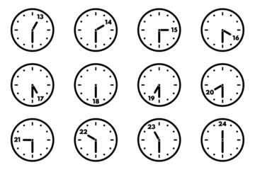 Set of analog clock icon for every hour and half. 24 hour clock. Half past hours version