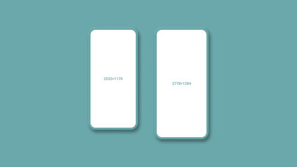 Mockup of two Iphone 13 flat screens isolated on blue background. Screen size in pixels 2778x1284 and 2532x1170. 3d render
