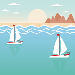 Seascape. Sailboats at sea. Sunset on the beach.