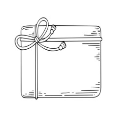 Box gift line art. Present in wrapping paper with a bow tied with a ribbon. Party gifts. Merry holiday. Hand drawn vector doodle illustration. Outline drawing.
