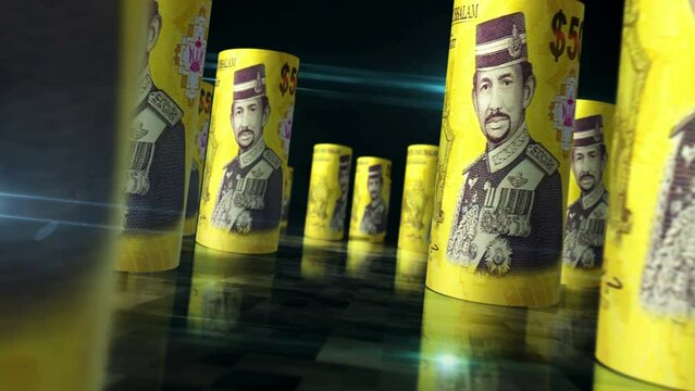 Brunei dollar rolls loop 3d animation. Money on the table. Seamless and loopable abstract concept of economy, finance, business and recession. Camera between BND rolled banknotes.