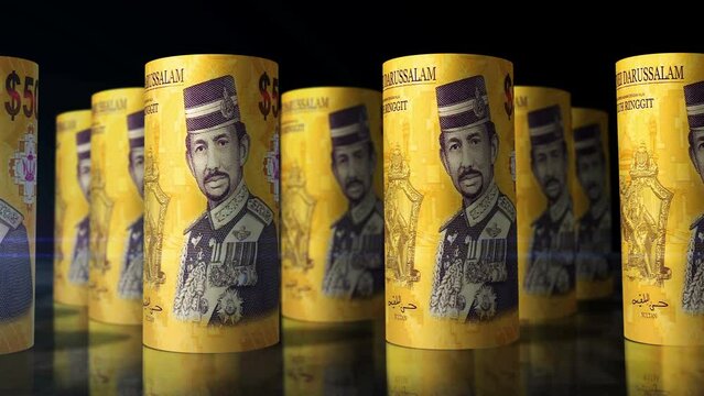 Brunei dollar money rolls loop 3d animation. Camera moving in front of the BND rolling banknotes. Seamless loopable concept of economy, finance, business and debt.