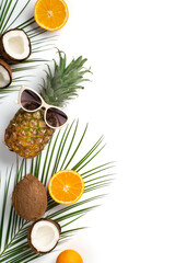 Obraz na płótnie Canvas Summer concept. Top view vertical photo of fresh tropical fruits coconuts pineapple in sunglasses oranges and palm leaves on isolated white background with copyspace