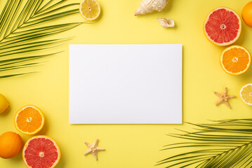 Summer vacation concept. Top view photo of paper card tropical fruits cut oranges lemons...