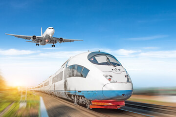 Airplane in the sky and high-speed train, the concept of passenger transport.