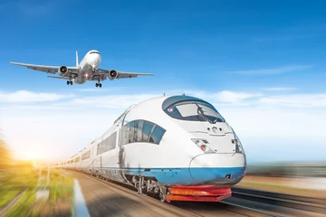 Zelfklevend Fotobehang Airplane in the sky and high-speed train, the concept of passenger transport. © aapsky