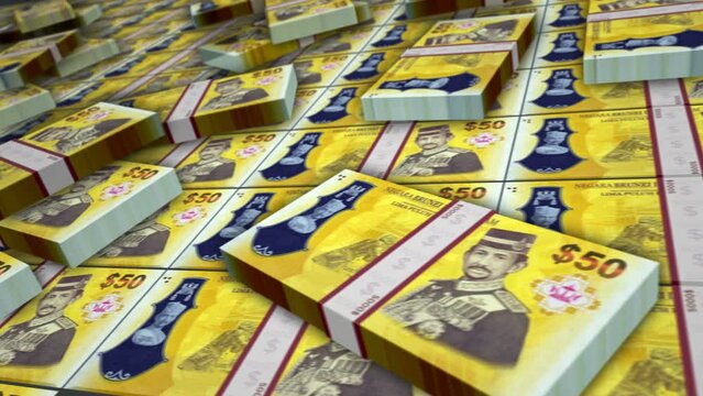 Brunei dollar banknote bundle loop. BND money stacks. Concept of business, economy, banking and finance. Camera over cash packs. Loopable seamless 3d animation.