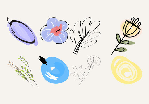 Set of Artistic Hand Drawn Fruits Flowers and Scribbles