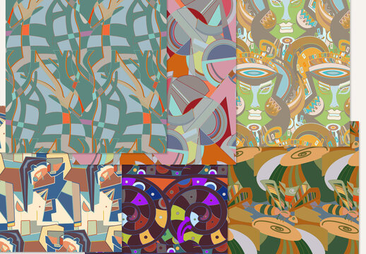 Set of Abstract Seamless Patterns with Cubism Art Elements and Graffiti Wall Style