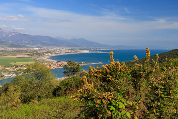 Top view of the Magra river's mouth on the border between Liguria and Tuscany in Italy. On the background are the mountain range of the Apuan Alps. - 505019108