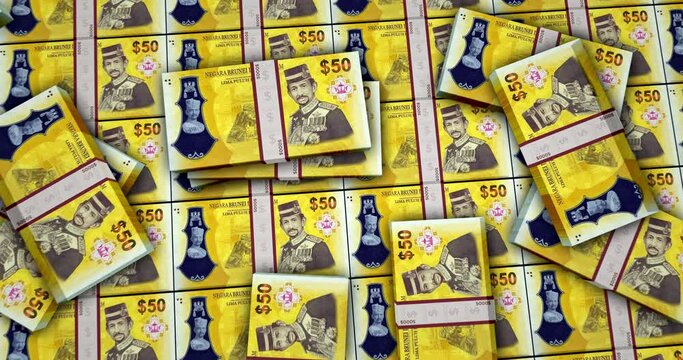 Brunei dollar banknotes 3d animation. Camera view from close to long distance. BND money packs. Concept of inflation, economy, crisis, business, banking, debt and finance.