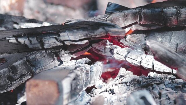 the fire is burning in the grill for cooking meat, burning firewood close-up