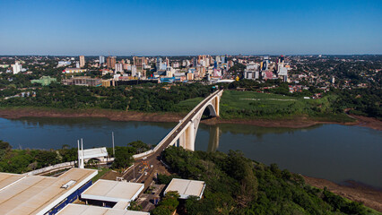 View of the Friendship Bridge 08 may 2022 (Ponte da Amizade) over the Parana river, connecting Brazil, to Paraguay - obrazy, fototapety, plakaty