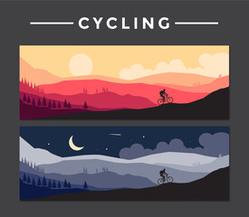 Mountain Cyclism concept day and night, Silhouette of mountain bike rider in wild nature landscape.  forest in background. Mountain bike