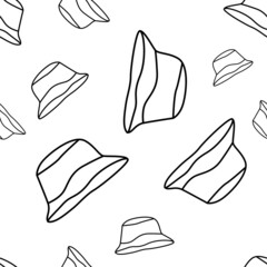 Vector illustration. Bright flying seamless pattern with simple contour panama silhouettes. Black and white endless background. Flat style. Background design for advertising and typographic products.