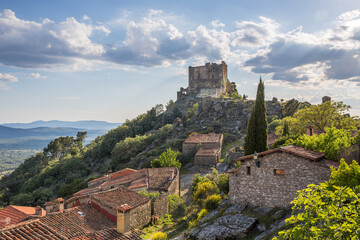 Trevejo village with the remains of the castle in the background, Caceres, Spain